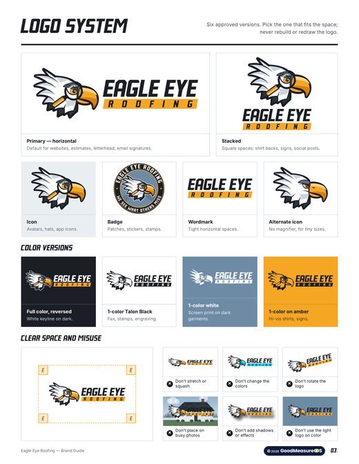 Eagle Eye Roofing brand guide, page 3: Logo system
