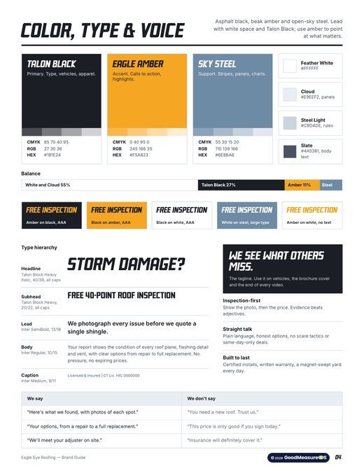 Eagle Eye Roofing brand guide, page 4: Color, type and voice