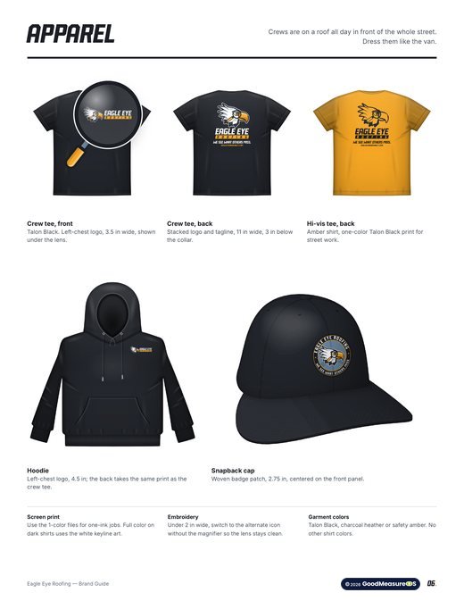 Eagle Eye Roofing brand guide, page 6: Apparel