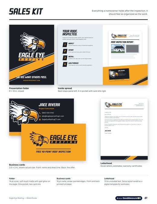 Eagle Eye Roofing brand guide, page 7: Sales kit