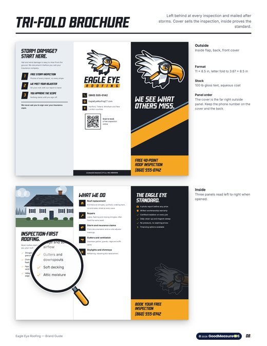 Eagle Eye Roofing brand guide, page 8: Trifold brochure