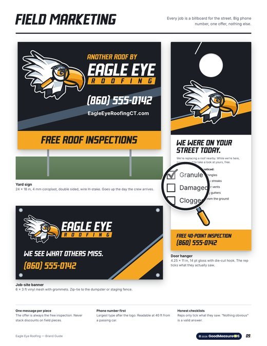 Eagle Eye Roofing brand guide, page 9: Field marketing