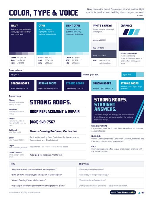 HammerHead Roofing brand guide, page 4: Color, type and voice