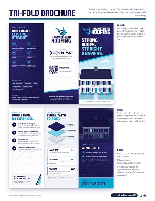 HammerHead Roofing brand guide, page 8: Trifold brochure