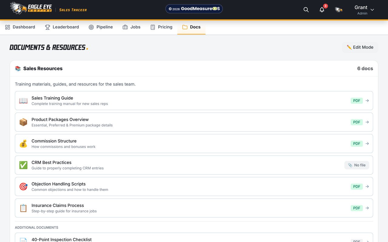 The tracker on a laptop: the docs library: training guide, packages overview, commission structure, objection scripts and the inspection checklist