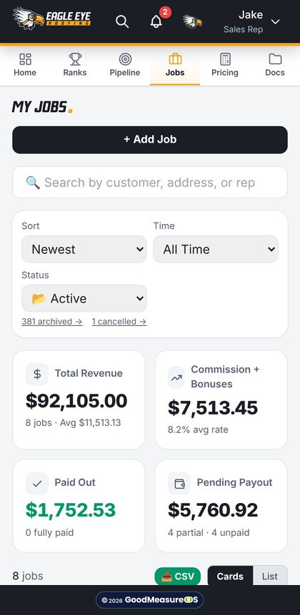 The tracker on a phone: a rep's jobs on a phone, with paid out and pending payout