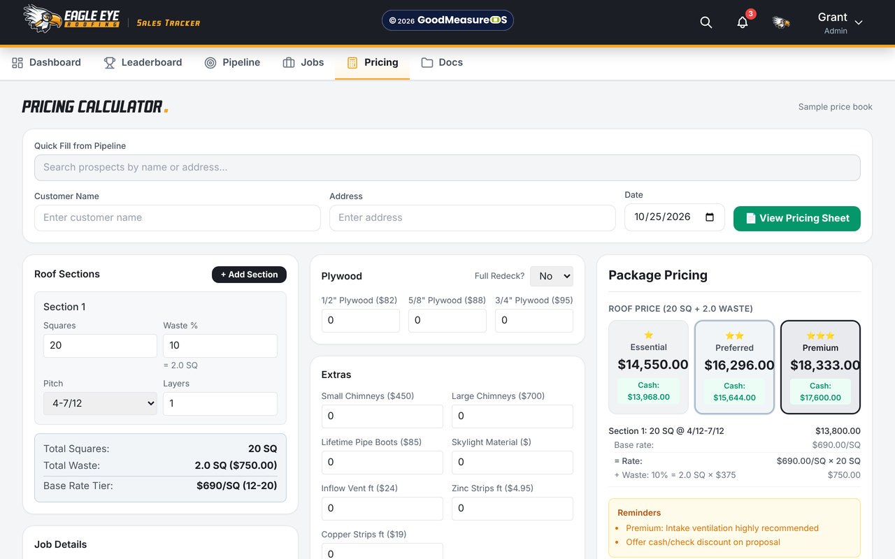 The tracker on a laptop: the pricing calculator: roof sections, extras and the three packages side by side