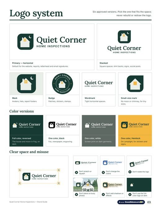 Quiet Corner Home Inspections brand guide, page 3: Logo system
