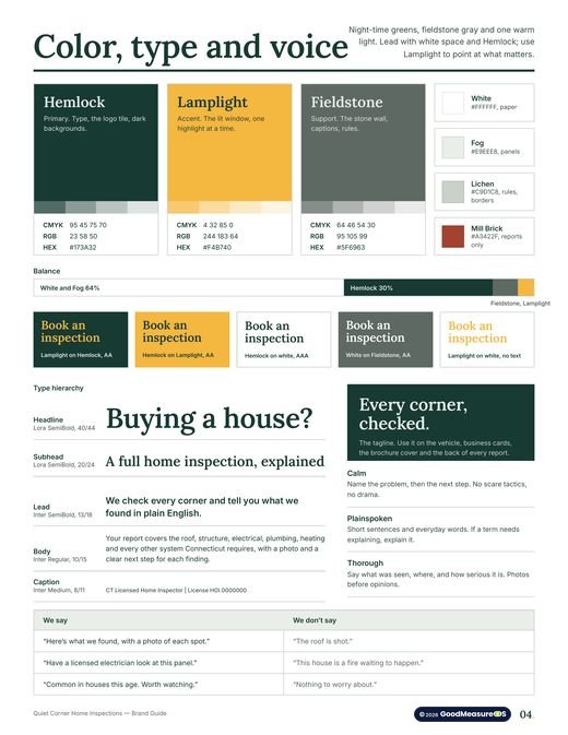 Quiet Corner Home Inspections brand guide, page 4: Color, type and voice
