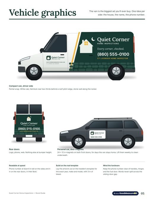 Quiet Corner Home Inspections brand guide, page 5: Vehicle graphics
