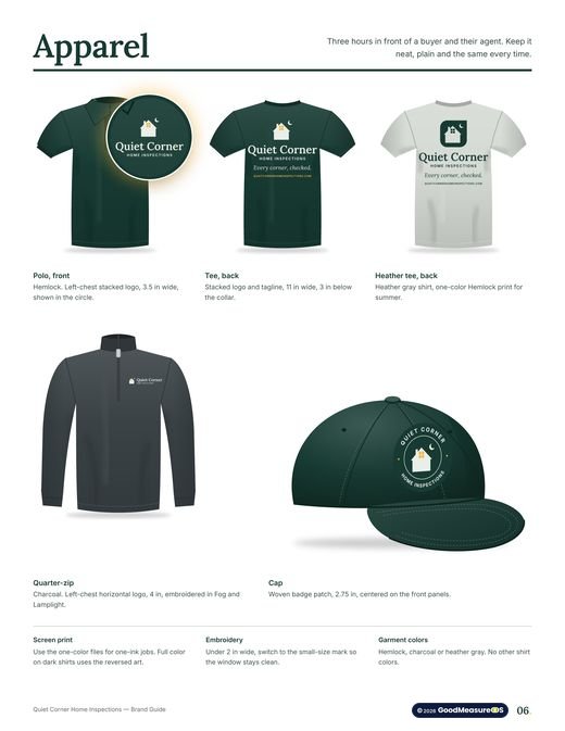 Quiet Corner Home Inspections brand guide, page 6: Apparel