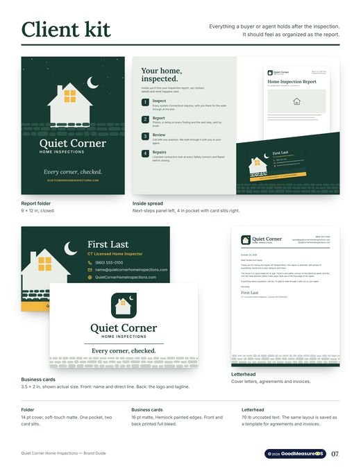 Quiet Corner Home Inspections brand guide, page 7: Client kit