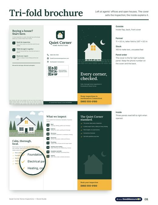 Quiet Corner Home Inspections brand guide, page 8: Trifold brochure