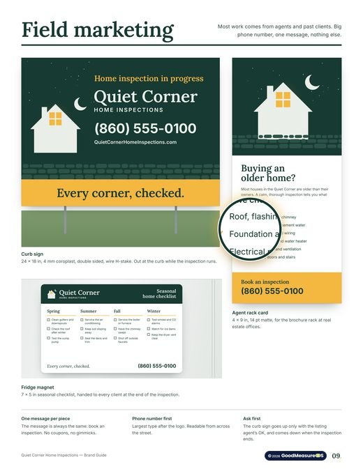 Quiet Corner Home Inspections brand guide, page 9: Field marketing